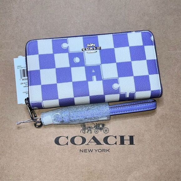 COACH Long Zip-Around Wallet Purple Checkered Checkerboard Print CR623 NWT
